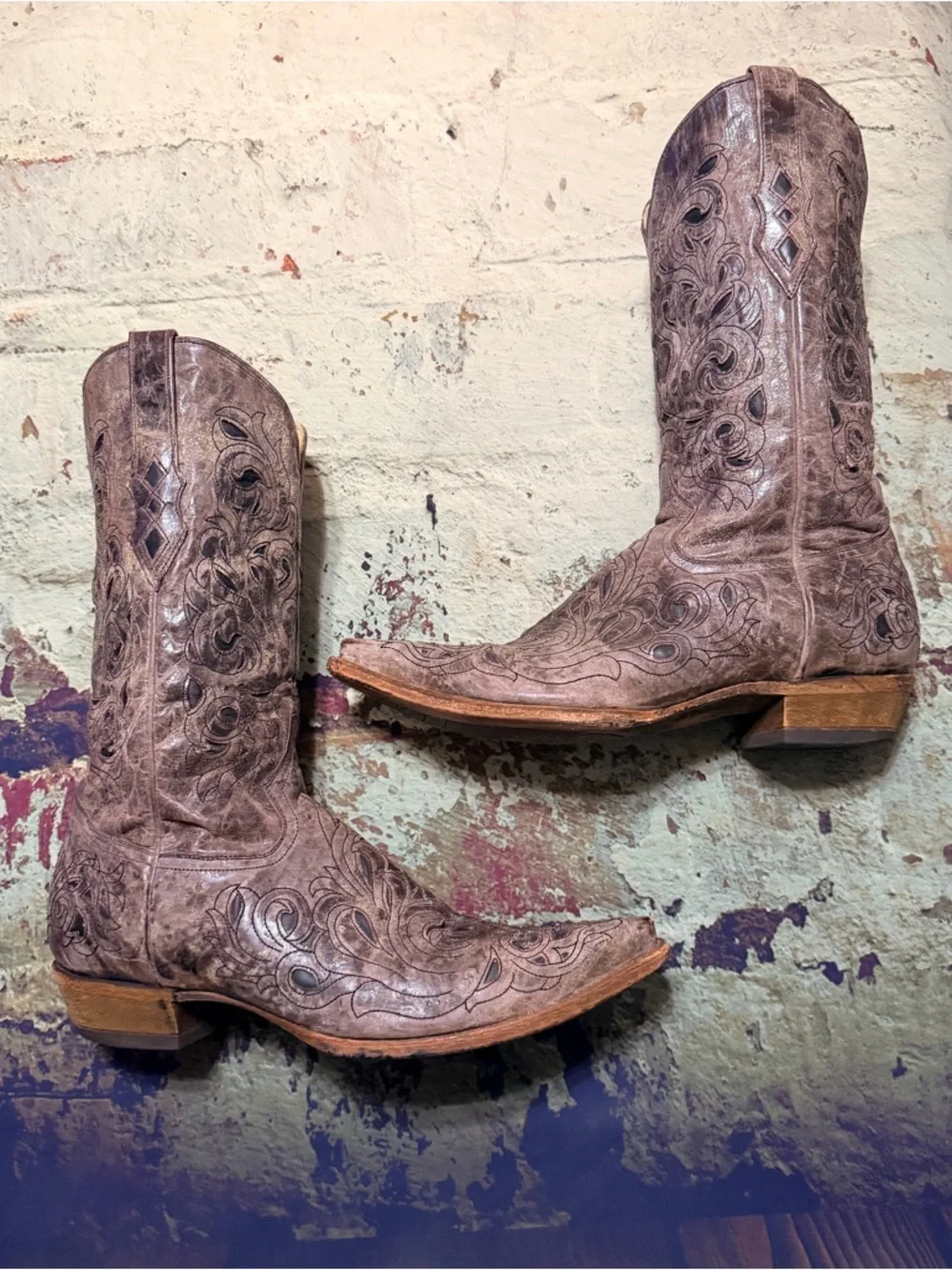 Size 14 “Rare” Corral Vintage Tan Brown Leather Inlay Boots